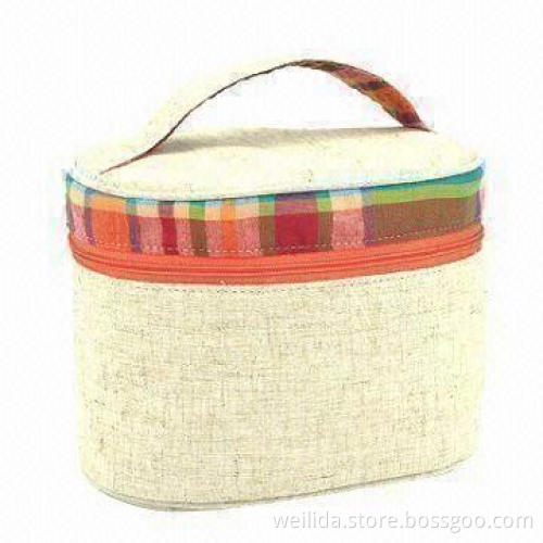 Round-shaped Jute Cosmetic Bag with Ripstop Cotton, Sized 17 x 10 x 11.5cm